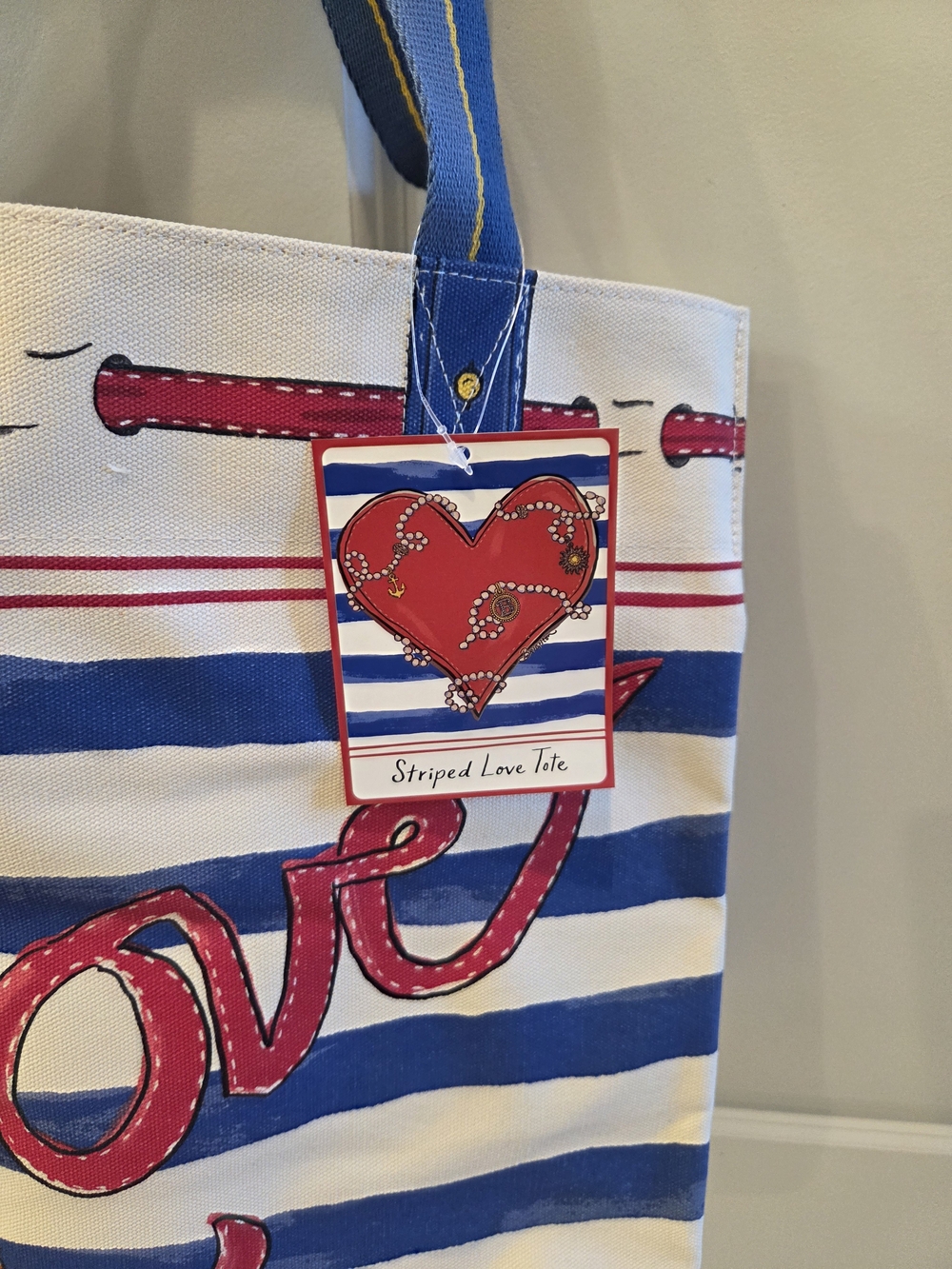 Striped New With Tags 'Love' Canvas Tote with Blue Handles - Picture 5 of 6